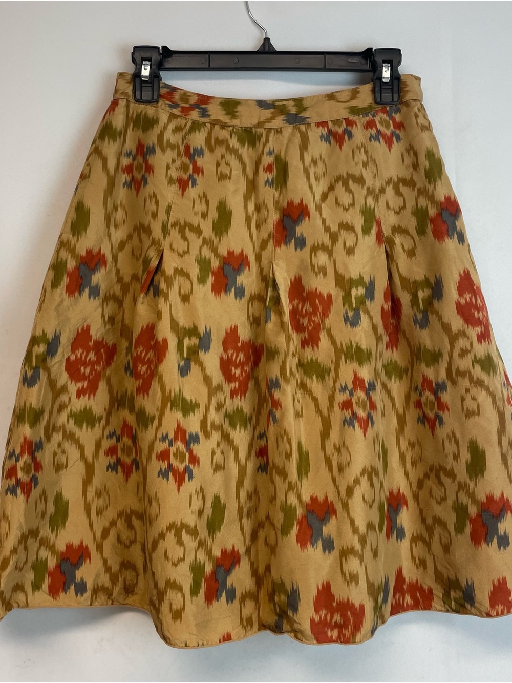 J. Jill Beige A-Line Silk Skirt with Rust, Olive & Blue Floral Ikat